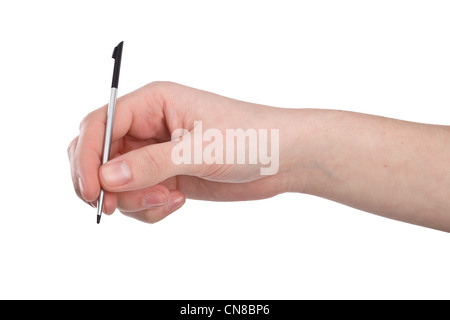 pocket computer pen in hand isolated on white Stock Photo