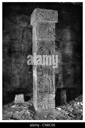 First published 1914 Sapote wood stone pillar Maya Aztec Stock Photo