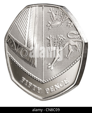 50p fifty pence coin side on edge tails reverse Stock Photo