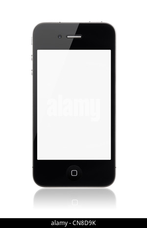 Apple iPhone 4s with blank screen isolated on a white background. Front view, studio shot. Stock Photo