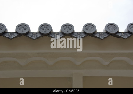 Closeup of round japanese roof tiles seen from below Stock Photo