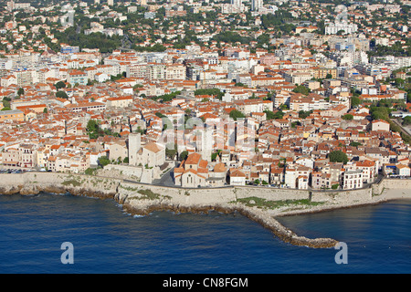 France, Alpes Maritimes, Antibes, old town and Cathedral Notre Dame de la Plata in the foreground (aerial view) Stock Photo