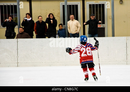 Switzerland, Canton Ticino, Sonogno, ice hockey Stock Photo