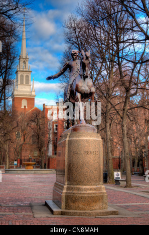 Paul Revere monument at Paul Revere Mall in the North End of Boston, Massachusetts. Stock Photo