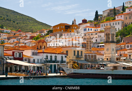 Hydra, Saronic gulf islands, Greece- view of the harbor and the town Stock Photo