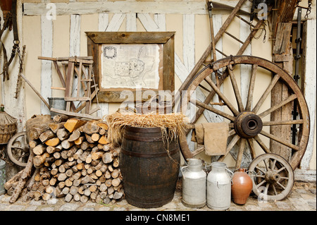 France, Aube, Troyes, Ruelle des Chats, old rural tradition objects placed at the bottom of timber frame wall Stock Photo