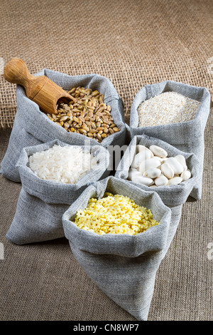 Some linen bags with ingredients Stock Photo