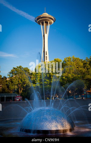 Space Needle and International Fountain at Seattle Center in Seattle, Washington Stock Photo