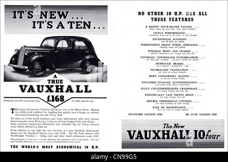 Original double page 1930s consumer magazine advertisement advertising the new VAUXHALL 10 FOUR saloon car priced from £168 Stock Photo
