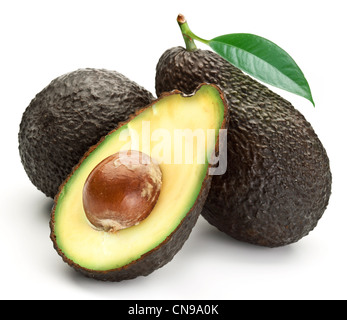 Avocados with leaves on a white background Stock Photo