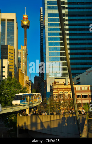 Australia, New South Wales, Sydney, Darling Harbour Quay, AMP Tower and Monorail Stock Photo