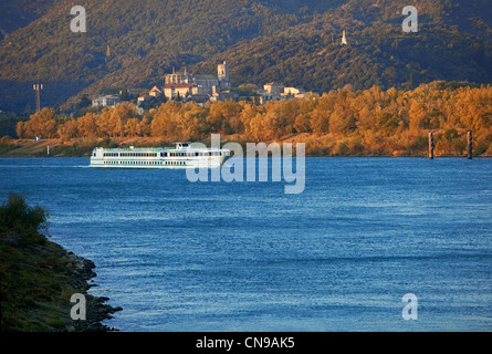 France, Ardeche, Viviers, Van Gogh cruise boat on the Rhone River downstream of the Chateau Neuf du Rhone Lock in Drome Stock Photo