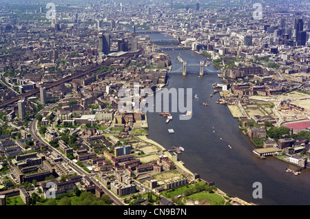 a rare historic aerial view of the London Skyline with Tower Bridge and The River Thames taken from the east taken in May 1985 Stock Photo