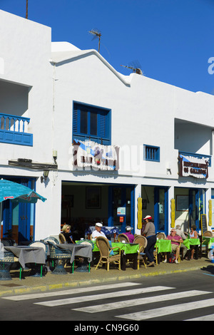 Lanzarote, Canary Islands - Orzola, northern port, departure point for ferries and islands. Restaurants near the harbour. Stock Photo