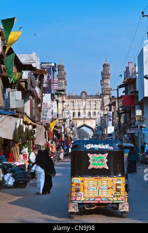 Autorickshaw and Charminar Laad Bazaar Hyderabad Andhra Pradesh India Stock Photo