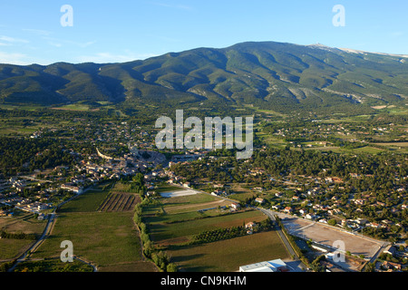 France, Vaucluse, Bedoin village, the Mont Ventoux in the background (aerial view) Stock Photo