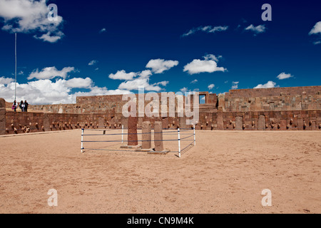 three steles in semi underground temple, Templete Semi-Subterraneo, pre-Inca site Tiwanaku, UNESCO World Heritage Site, La Paz, Stock Photo