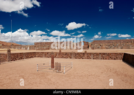 three steles in semi underground temple, Templete Semi-Subterraneo, pre-Inca site Tiwanaku, UNESCO World Heritage Site, La Paz, Stock Photo