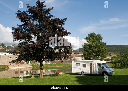 France, Ardennes, Montherme, camper on the edges of Meuse Stock Photo