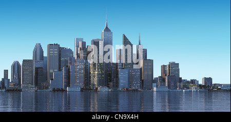Cityscape generic with modern buildings and skyscrapers on water. Early morning, or late afternoon light. Stock Photo