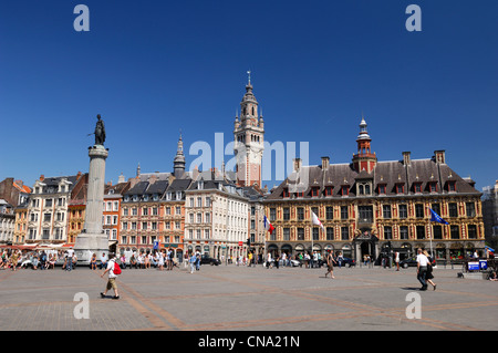 France, Nord, Lille, Place du General de Gaulle or Grand Place with the statue of the goddess on his column and the belfry and Stock Photo