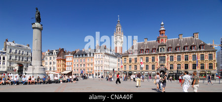 France, Nord, Lille, Place du General de Gaulle or Grand Place with the statue of the goddess on his column and the belfry and Stock Photo