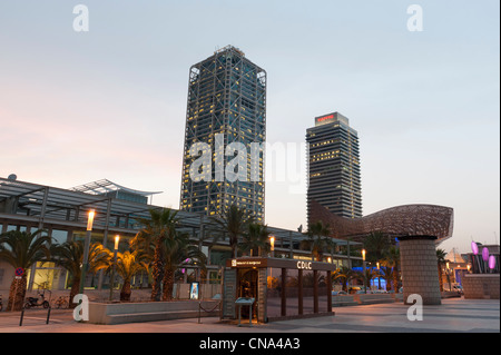 Spain, Catalonia, Barcelona, La Barceloneta, Olympic Harbour, Hotel Arts and Mapfre Tower, in the background the Peix or the Stock Photo