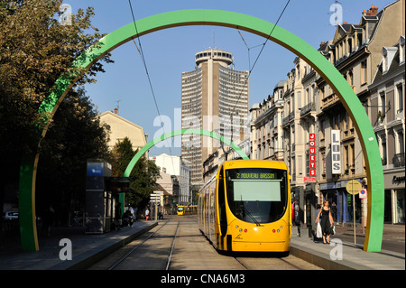 France, Haut Rhin, Mulhouse, tramway going throuth the Arches by artist Daniel Buren in Avenue du President Kennedy, Tour de Stock Photo