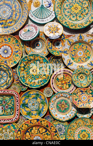 Selling local plates made as tourist souvenirs in Erice, Sicily, Italy Stock Photo