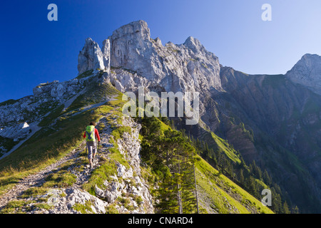 France, Haute Savoie, Massif des Bornes, Thones, La Tournette Path from the Col des Fretes du Rosairy with a view of the Stock Photo