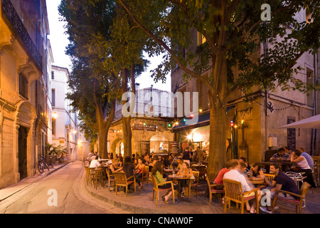 France, Herault, Montpellier, historical center, restaurant cafe street Rebuffy Stock Photo