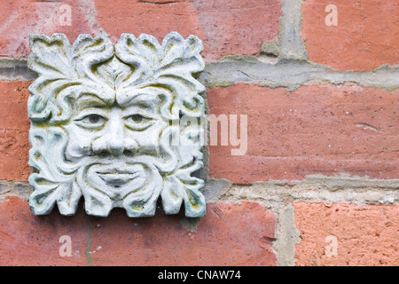 Green Man plaque on an old redbrick wall. Stock Photo