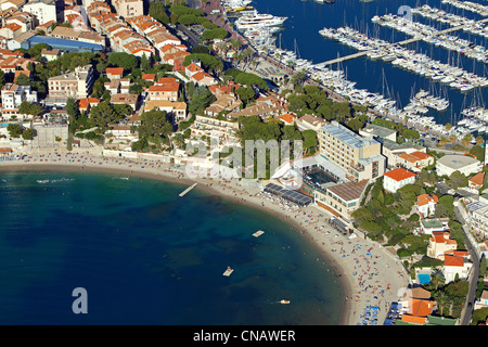 France, Var, Bandol, Renecros beach and the port (aerial view) Stock Photo