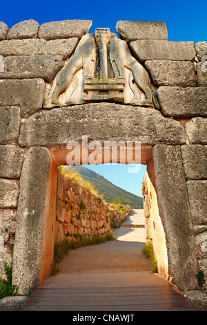 Mycenae Lion Gate & citadel walls built in 1350 B.C and its cyclopean style walls due to the vast size of the blocks. Greece Stock Photo