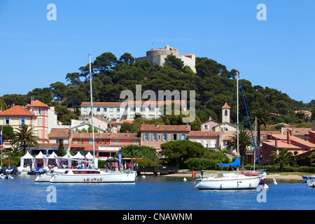France, Var, Iles d'Hyeres, National Park of Port Cros, Porquerolles island, port, village and fort of St. Agatha in the Stock Photo
