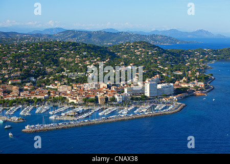 France, Var, Golfe de Saint Tropez, Sainte Maxime, the port, the Maures mountains in the background (aerial view) Stock Photo