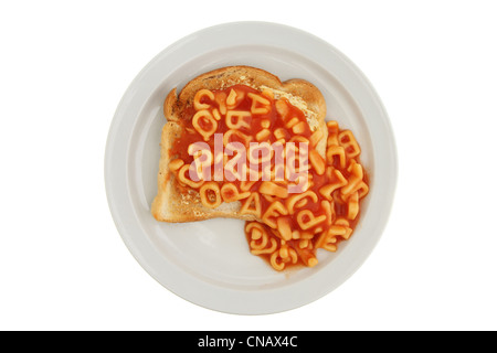 Child's meal alphabet spaghetti on toast on a plate isolated against white Stock Photo