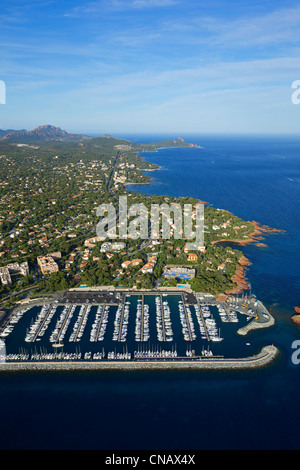 France, Var, Saint Raphael, port of Santa Lucia, Boulouris and the Massif de l'Esterel in the background (aerial view) Stock Photo