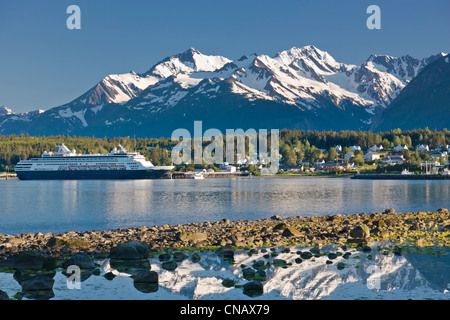 View from Portage Cove of Haines and Ft. Seward with a cruise ship docked in the harbor, Southeast Alaska, Summer Stock Photo