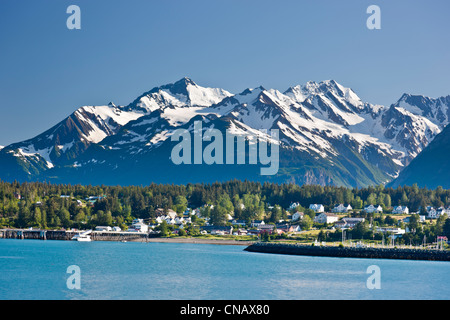 View from Portage Cove of Haines and Ft. Seward with a cruise ship docked in the harbor, Southeast Alaska, Summer Stock Photo