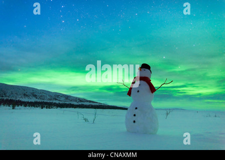 Digitally Altered,Snowman watching Northern Lights, Winter, Eureka Summit, Glenn Highway, Southcentral Alaska Stock Photo