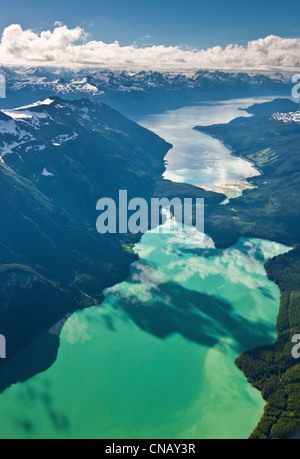 Aerial view of Chilkoot Lake and River, Lutak and Chilkoot Inlets in the background, Haines, Southeast Alaska, Summer Stock Photo