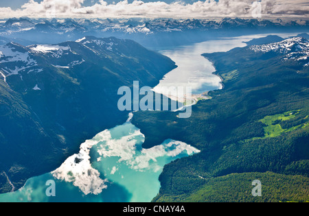 Aerial view of Chilkoot Lake and River, Lutak and Chilkoot Inlets in the background, Haines, Southeast Alaska, Summer Stock Photo