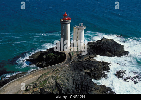 France, Finistere, Iroise Sea, Goulet de Brest, Plouzane, Pointe du Peti Minou, Petit Minou Lighthouse (aerial view) Stock Photo