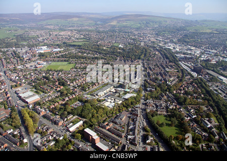 aerial view of Ashton-under-Lyne looking east towards the Pennines Stock Photo