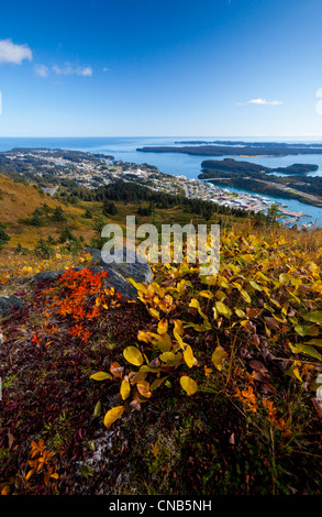 Scenic view overlooking downtown Kodiak, Chiniak Bay and barrier islands from Pillar Mountain, Kodiak Island, Southwest, Alaska Stock Photo