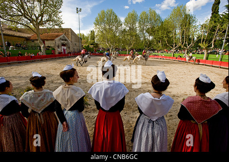 France, Gard, Aigues Vives, the local cowboys called Gardians have games of their own usually played in a bullring, here the Stock Photo