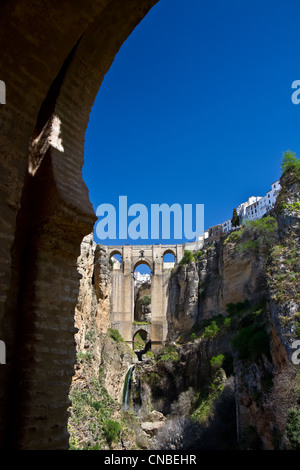 Ronda's amazing bridge shot from inside the ruins. Spain. Stock Photo