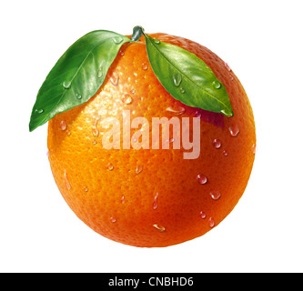 Orange fresh fruit with two leaves and water droplets, on white background. Clipping path included. Stock Photo