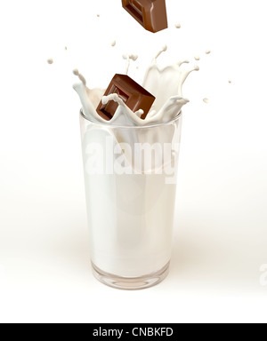 Chocolate cubes splashing into a milk glass. On white background. Stock Photo